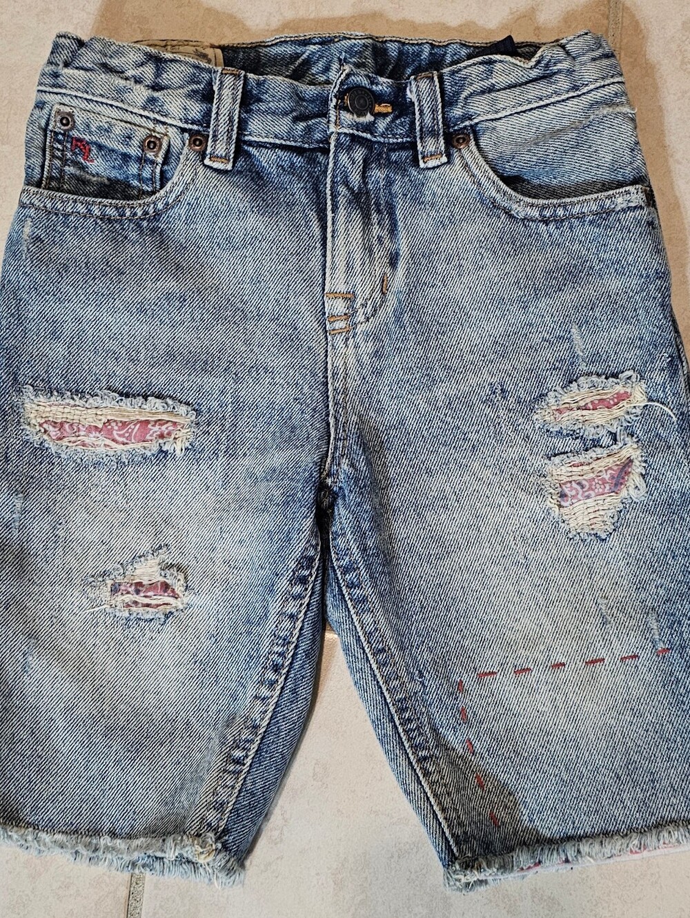 Polo Ralph Lauren Kids Slim Light Blue Denim Jeans Shorts w/ pink patches Size 7